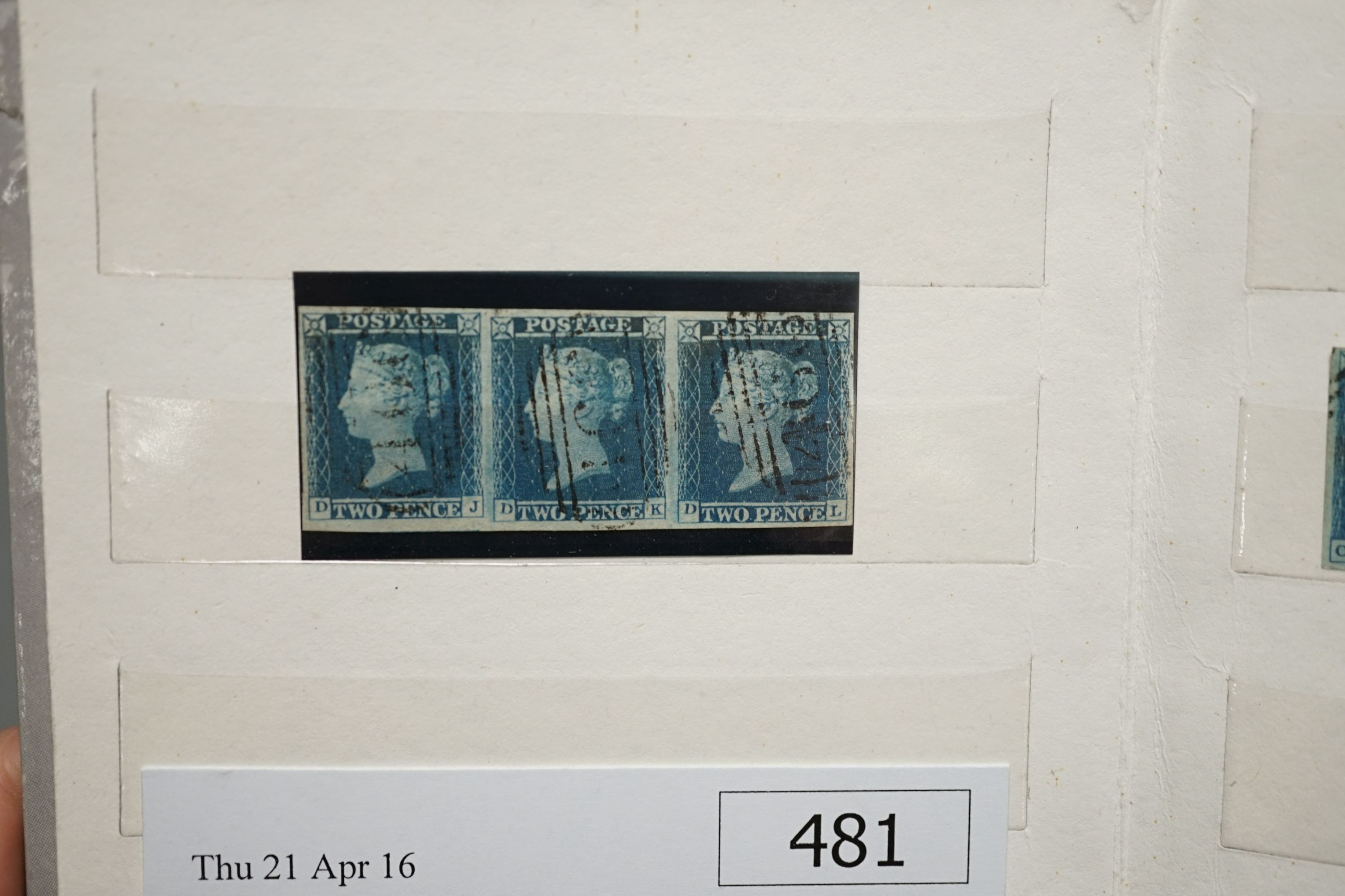Great Britain - small stock book 2d blues with 1841 2d used strip of three, 6 singles used. 1858 2d plate 13 and plate 14 mint blocks of four